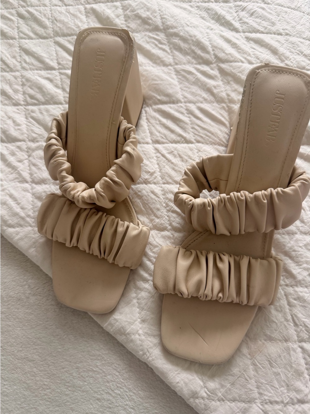 JustFab Neutral Ruched Strap Block Heel Slides